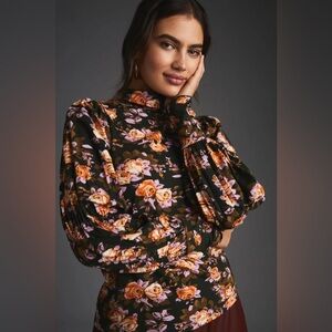 Anthropologie Black Floral Blouse Turtleneck  Puff Sleeves Boho Preppy NWT XXS